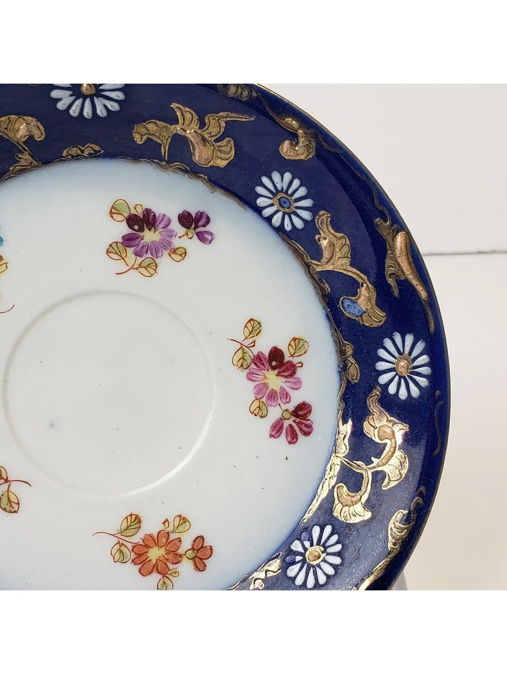 Vintage Porcelain Demitasse Teacup & Saucer  Moriage Cobalt Blue HP Floral Japan